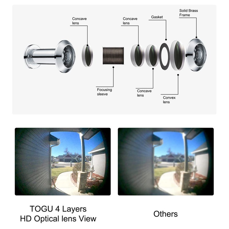 TOGU TG2814YG-PH Solid Brass UL Listed HD Glass Lens 220-degree Door Viewer Peephole with Heavy Duty Privacy Cover for 1-3/8" to 2-1/6" Doors, Polished Chrome Finish - Image 2